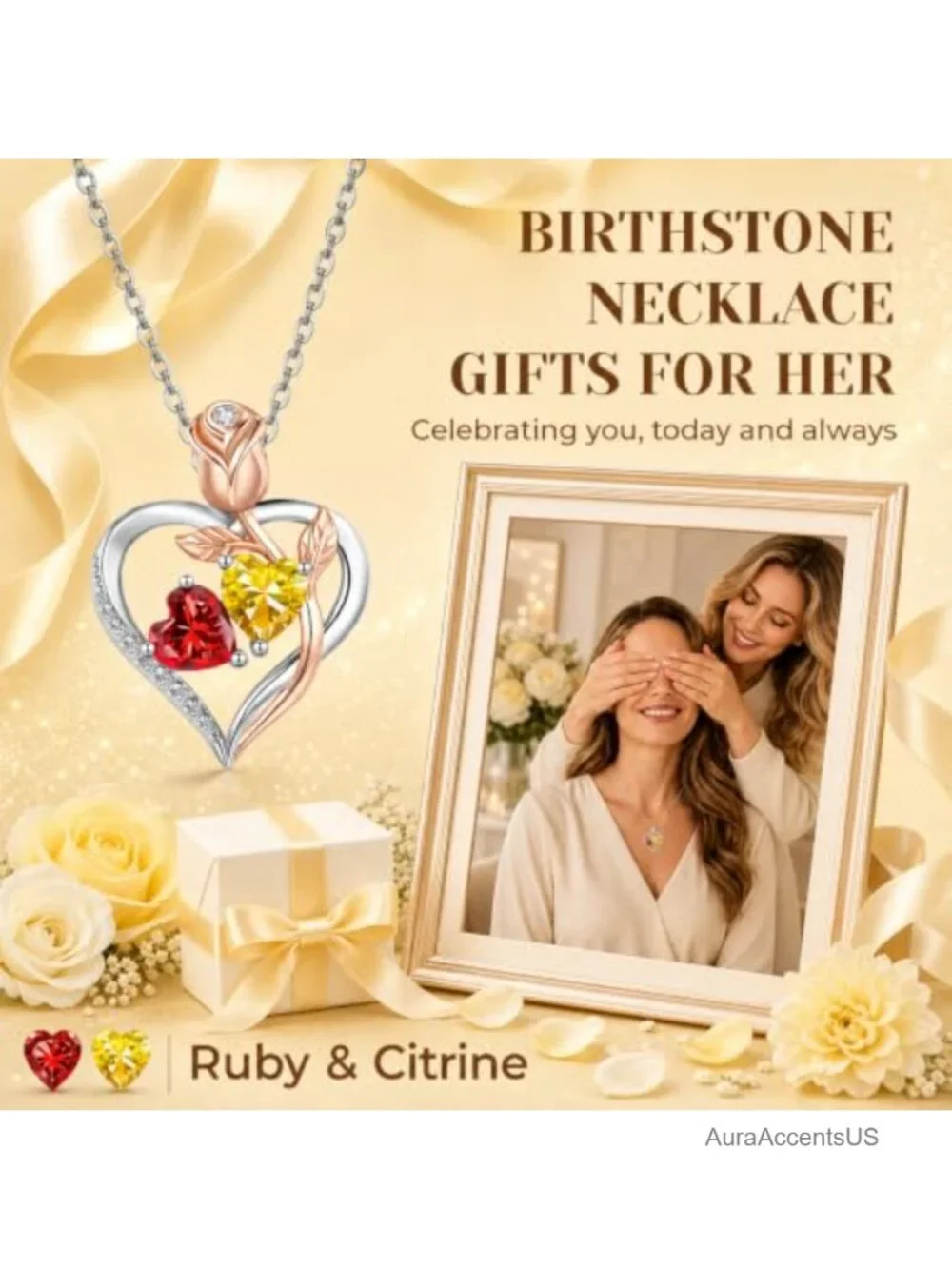 Sterling Silver Heart Birthstone Pendant Necklace, 18K White Gold Plated